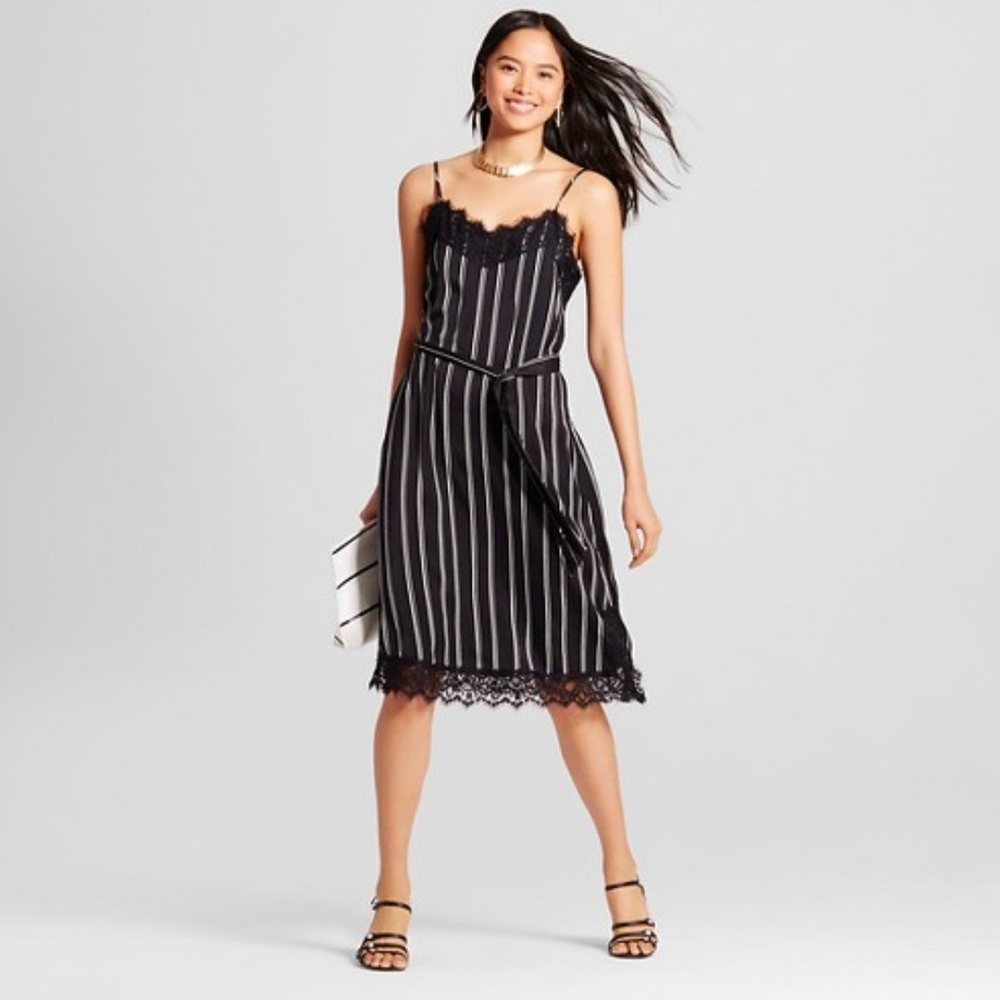 Who What Wear Stripe Tie-Waist Lace Slip Dress